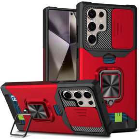 Samsung Galaxy S25 Ultra Multi-Function Hybrid Case (w/ Card Holder, Camera Cover and Magnetic Ring Stand) - Red