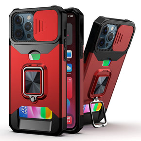 Apple iPhone X / Xs Multi-Function Hybrid Case (w/ Card Holder, Camera Cover and Magnetic Ring Stand) - Red