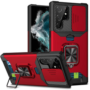 Samsung Galaxy S23 FE Multi-Function Hybrid Case (w/ Card Holder, Camera Cover and Magnetic Ring Stand) - Red