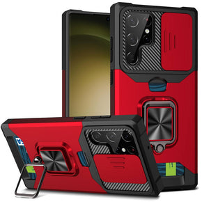 Samsung Galaxy S24 Ultra Multi-Function Hybrid Case (w/ Card Holder, Camera Cover and Magnetic Ring Stand) - Red