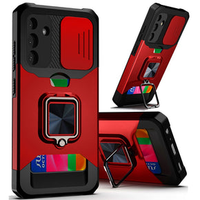 Samsung Galaxy S25 Plus Multi-Function Hybrid Case (w/ Card Holder, Camera Cover and Magnetic Ring Stand) - Red