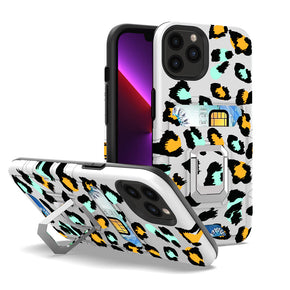 Apple iPhone 14 (6.1) Metallic Design Hybrid Case (w/ Card Holder and Magnetic Ring Stand) - Colorful Animal Print