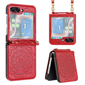 Samsung Galaxy Z Flip5 Embossed Floral Design Case with Strap - Red
