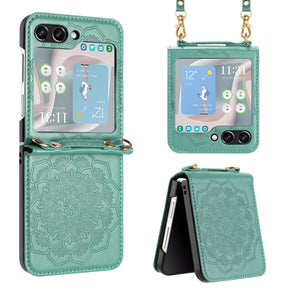 Samsung Galaxy Z Flip5 Embossed Floral Design Case with Strap - Teal