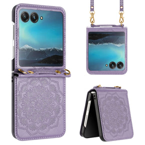 Motorola Moto Razr Plus Embossed Floral Design Case with Strap - Purple