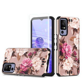 TCL 40 XE 5G Strong Tough Metallic Design Hybrid (with Tempered Glass) Case - Romantic Pink White Roses Floral