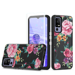 TCL 40 XE 5G Strong Tough Metallic Design Hybrid (with Tempered Glass) Case - Tropical Romantic Colorful Roses Floral