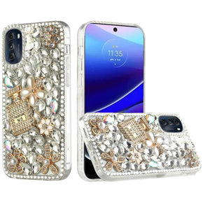 Motorola Moto G 5G (2023) Full Diamond Ornaments Case (Pearl Flowers with Perfume) - Silver