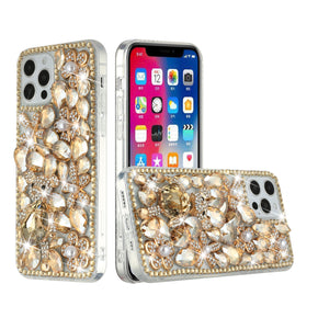 Apple iPhone 14 Pro Max (6.7) Full Diamond Ornaments Case - Gold Panda Floral