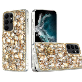 Samsung Galaxy S23 Ultra Full Diamond Ornaments Case - Gold Panda Floral