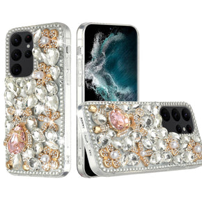 Samsung Galaxy S23 Ultra Full Diamond Ornaments Case - Silver Panda Floral