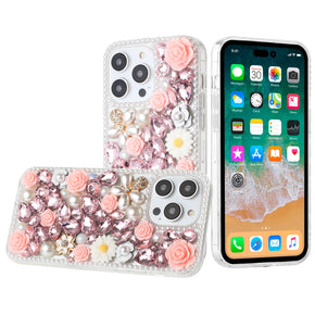 Apple iPhone 16 Pro Max (6.9) Full Diamond Ornaments Case (Pearl Flowers) - Pink