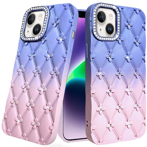 Apple iPhone 14 (6.1) / iPhone 13 (6.1) Floral Joy Glitter Shimmer Leather Textured Thick TPU Case - Light Blue / Light Pink