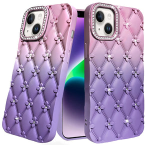 Apple iPhone 14 (6.1) / iPhone 13 (6.1) Floral Joy Glitter Shimmer Leather Textured Thick TPU Case - Light Pink / Light Purple