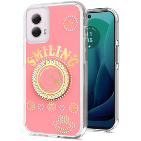 Motorola Moto G 5G (2024) Smiling Bling Ornament Design Hybrid Case (with Ring Stand) - Pink