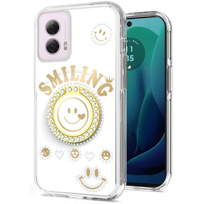 Motorola Moto G 5G (2024) Smiling Bling Ornament Design Hybrid Case (with Ring Stand) - White