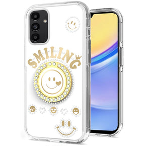 Samsung Galaxy A15 5G Smiling Bling Ornament Design Hybrid Case (with Ring Stand) - White