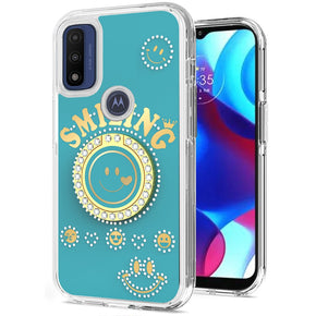 Motorola Moto G Play (2023) Smiling Bling Ornament Design Hybrid Case (with Ring Stand) - Blue