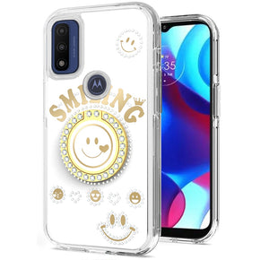 Motorola Moto G Play (2023) Smiling Bling Ornament Design Hybrid Case (with Ring Stand) - White
