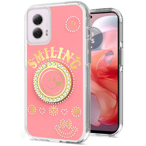 Motorola Moto G Power 5G (2024) Smiling Bling Ornament Design Hybrid Case (with Ring Stand) - Pink