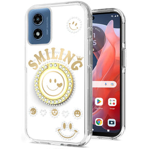 Motorola Moto G Play (2024) Smiling Bling Ornament Design Hybrid Case (with Ring Stand) - White