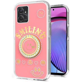 Motorola Moto G 5G (2023) Smiling Bling Ornament Design Hybrid Case (with Ring Stand) - Pink