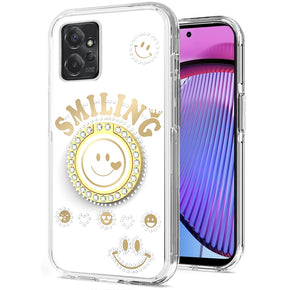 Motorola Moto G Power 5G (2023) Smiling Bling Ornament Design Hybrid Case (with Ring Stand) - White