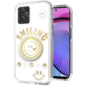Motorola Moto G 5G (2023) Smiling Bling Ornament Design Hybrid Case (with Ring Stand) - White
