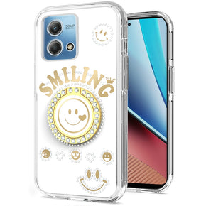 Motorola Moto G Stylus 5G (2023) Smiling Bling Ornament Design Hybrid Case (with Ring Stand) - White