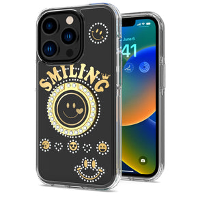 Apple iPhone 14 (6.1) Smiling Bling Ornament Design Hybrid Case (with Ring Stand) - Black