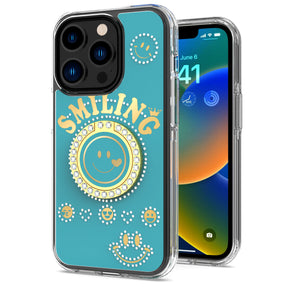 Apple iPhone 15 (6.1) Smiling Bling Ornament Design Hybrid Case (with Ring Stand) - Blue