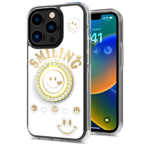 Apple iPhone 15 (6.1) Smiling Bling Ornament Design Hybrid Case (with Ring Stand) - White