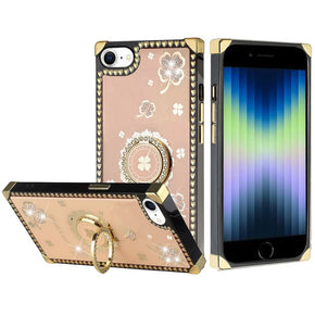 Apple iPhone 15 Plus (6.7) Bling Glitter Ornaments Engraving Diamond Ring Stand Passion Square Hearts Case - Good Luck Floral Gold