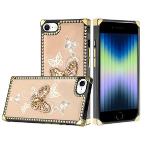 Apple iPhone 15 (6.1) Bling Glitter Engraved Ornaments Diamond Square Hearts Case - Garden Butterflies / Gold