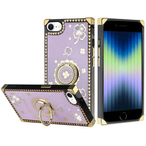 Apple iPhone 15 (6.1) Bling Glitter Ornaments Engraving Diamond Ring Stand Passion Square Hearts Case - Good Luck Floral Purple