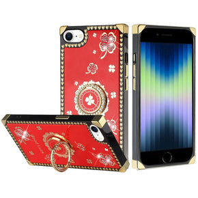 Apple iPhone 15 (6.1) Bling Glitter Ornaments Engraving Diamond Ring Stand Passion Square Hearts Case - Good Luck Floral Red