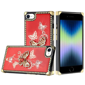 Apple iPhone 15 (6.1) Bling Glitter Engraved Ornaments Diamond Square Hearts Case - Garden Butterflies / Red