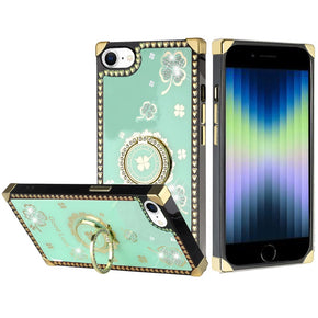 Apple iPhone 15 (6.1) Bling Glitter Ornaments Engraving Diamond Ring Stand Passion Square Hearts Case - Good Luck Floral Teal