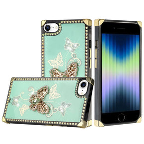 Apple iPhone 15 (6.1) Bling Glitter Engraved Ornaments Diamond Square Hearts Case - Garden Butterflies / Teal