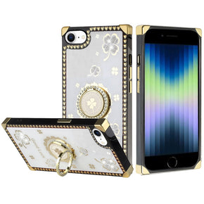 Apple iPhone 15 (6.1) Bling Glitter Ornaments Engraving Diamond Ring Stand Passion Square Hearts Case - Good Luck Floral White