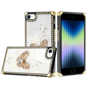 Apple iPhone 15 (6.1) Bling Glitter Engraved Ornaments Diamond Square Hearts Case - Garden Butterflies / White
