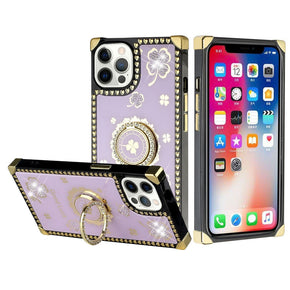 Apple iPhone 14 (6.1) Bling Glitter Ornaments Engraving Diamond Ring Stand Passion Square Hearts Case - Good Luck Floral Purple