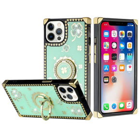 Apple iPhone 12 / 12 Pro (6.1) Bling Glitter Ornaments Engraving Diamond Ring Stand Passion Square Hearts Case - Good Luck Floral Teal