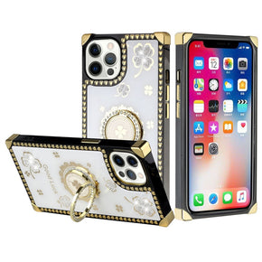 Apple iPhone 14 (6.1) Bling Glitter Ornaments Engraving Diamond Ring Stand Passion Square Hearts Case - Good Luck Floral White