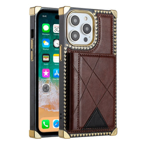Apple iPhone 15 Plus (6.7) PU Leather Card Holder Passion Square Hearts Case - Brown