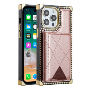 Apple iPhone 15 (6.1) PU Leather Card Holder Passion Square Hearts Case - Rose Gold