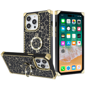 Apple iPhone 12 / 12 Pro (6.1) Bling Glitter Flower Design Diamond Ring Stand Passion Square Hearts Case - Black