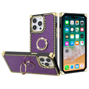 Apple iPhone 15 Pro Max (6.7) Square Heart Passion Glitter Hybrid (with Ring Stand) Case - Purple