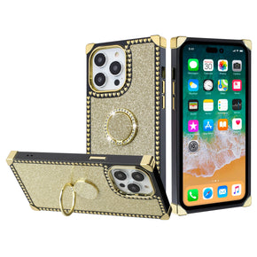 Apple iPhone 15 Pro Max (6.7) Square Heart Passion Glitter Hybrid (with Ring Stand) Case - Gold