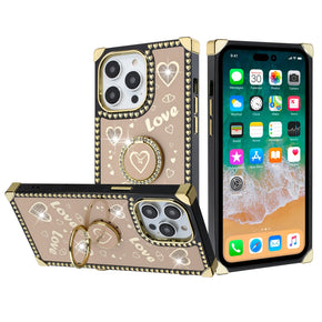 Apple iPhone 15 Pro Max (6.7) Bling Glitter Love Design Diamond Ring Stand Passion Square Hearts Case - Gold